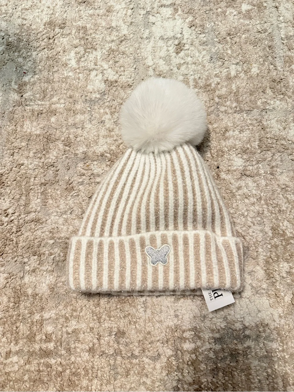 The Children's Place Beige & White Striped Pom Pom Beanie with Butterfly Patch